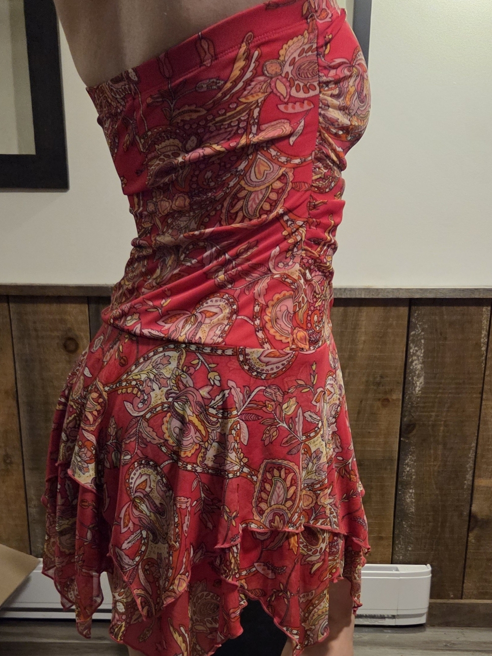 City Triangles Red Paisley Strapless Ruffled Dress
